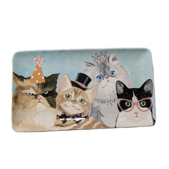 Pier 1 Boutique Ironstone Cat Party Platter 14" x 7" – Whimsical Dressed Cats... - Picture 1 of 5